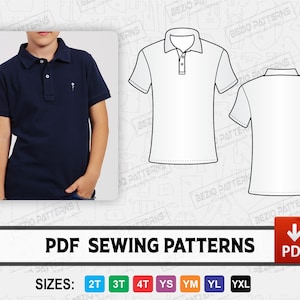 May include: PDF sewing patterns for a polo shirt in sizes 2T, 3T, 4T, YS, YM, YL, and YXL. The image shows a blue polo shirt on a model and a line drawing of a white polo shirt.