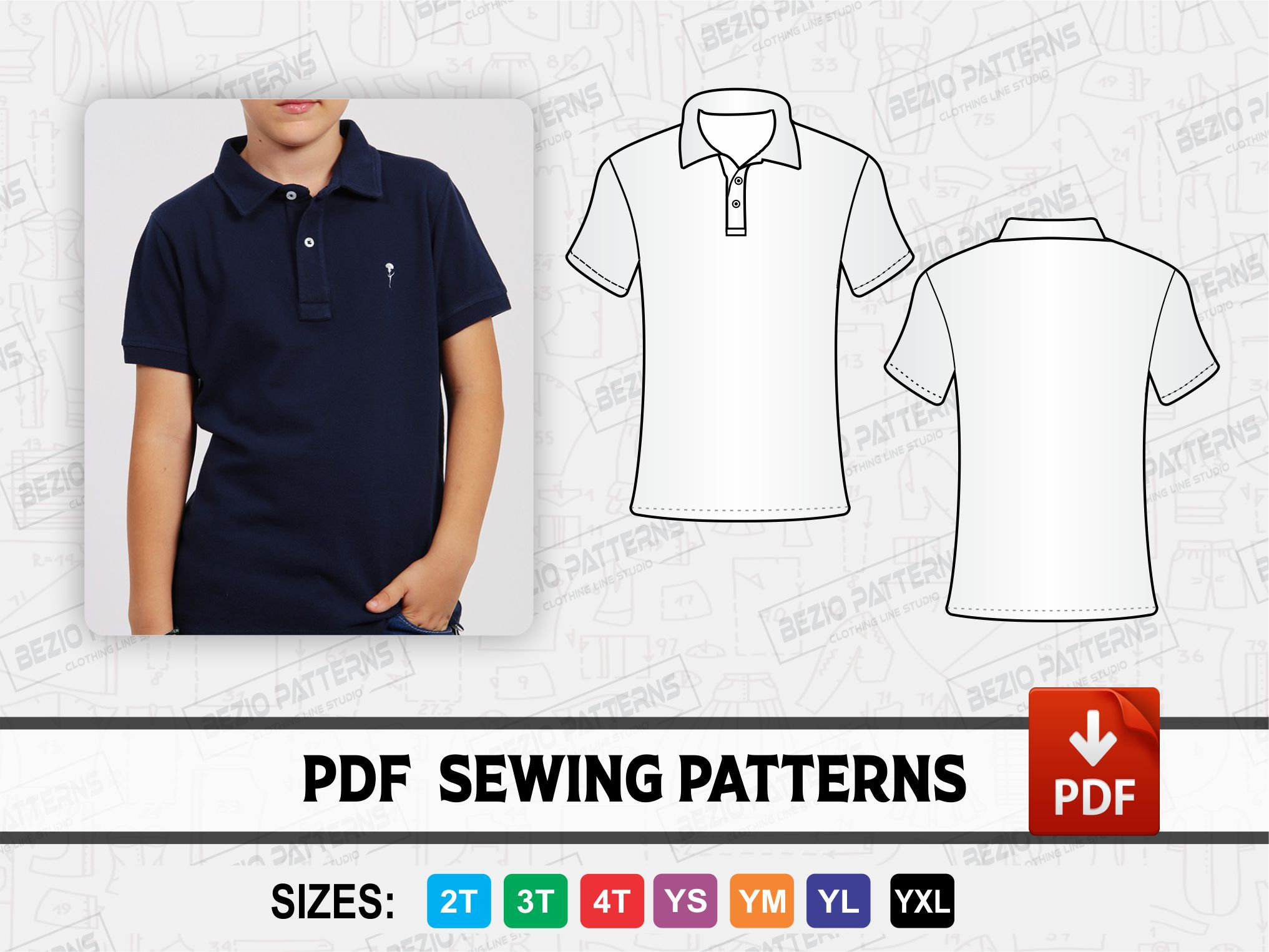 Polo Shirt Youth Kids Cartamodello modelli di cucito PDF per bambini ragazzi Modello digitale per cucire polo Taglie 2T 3T 4T S M L XL Download istantaneo Etsy Italia