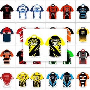 以下が含まれることがあります： 黒、赤、青、オレンジ、黄色など、さまざまな色のスポーツジャージのコレクション。各ジャージには、ユニークなデザイン、選手の番号、チームのロゴが施されています。ジャージは、ラグビーやサッカーなどのスポーツ用である可能性があります。