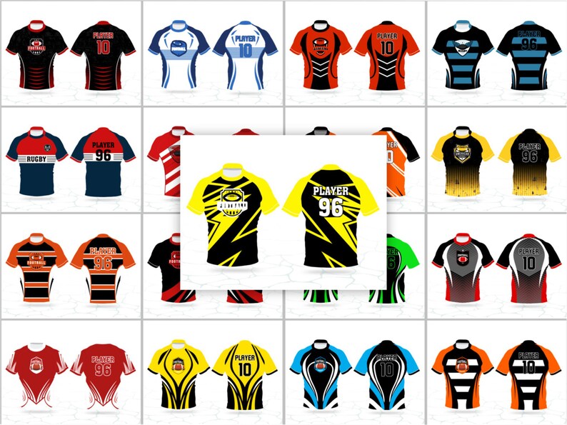 以下が含まれることがあります： 黒、赤、青、オレンジ、黄色など、さまざまな色のスポーツジャージのコレクション。各ジャージには、ユニークなデザイン、選手の番号、チームのロゴが施されています。ジャージは、ラグビーやサッカーなどのスポーツ用である可能性があります。