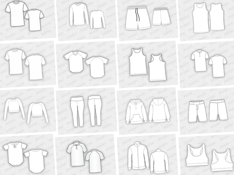 May include: A set of 16 different clothing templates, including shirts, trousers, shorts, and tank tops. The templates are all white and are drawn in a simple, flat style.
