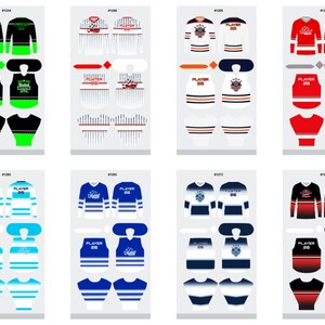 May include: A selection of hockey jerseys in different colour combinations, such as black and green, white and red, and blue and white. Each jersey design includes a team logo, player number, and the word "PLAYER".