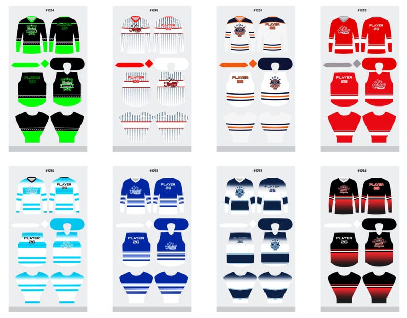 May include: A selection of hockey jerseys in different colour combinations, such as black and green, white and red, and blue and white. Each jersey design includes a team logo, player number, and the word "PLAYER".