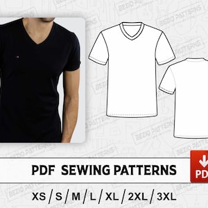 Puede incluir: Un patrón de costura PDF para una camiseta de cuello en V. El patrón incluye las tallas XS, S, M, L, XL, 2XL y 3XL. La imagen muestra una camiseta negra en un maniquí y un dibujo de línea de la camiseta.