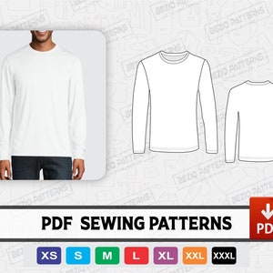 Op de afbeelding: Een PDF-naai-patroon voor een shirt met lange mouwen. Het patroon is verkrijgbaar in de maten XS, S, M, L, XL, XXL en XXXL. De afbeelding toont een wit shirt met een ronde hals en lange mouwen.