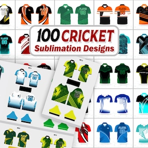 Puede incluir: Diseños de sublimación para cricket, con diversos estilos de camisetas en múltiples colores. Las camisetas muestran el número "88" y la palabra "PLAYER". La imagen incluye el texto "100 CRICKET Sublimation Designs".