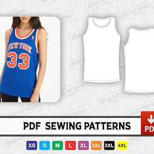 Puede incluir: Patrones de costura PDF para un tanque sin mangas en tallas XS a 4XL. El patrón se muestra sobre un fondo blanco con una modelo que lleva una camiseta de baloncesto azul y naranja con el texto "NEW YORK" y el número "33".