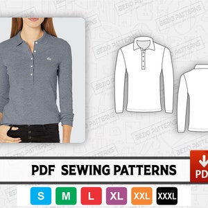 Polo long sleeve shirt Women  Pattern / templates,PDF Sewing Digital pattern,Polo women long sleeve shirts,Sizes S to 3XL,Instant Download