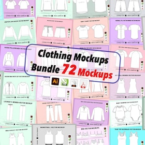 Op de afbeelding: Een verzameling van 72 kledingmockups in vectorformaat. De mockups zijn gerangschikt in een raster en omvatten verschillende stijlen van shirts, broeken, jurken en andere kledingstukken. De mockups zijn allemaal wit en zijn bedoeld om te worden gebruikt voor het presenteren van ontwerpen en branding.