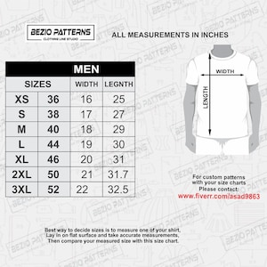 May include: A size chart for men's shirts with measurements in inches. The chart shows the size, width, and length of the shirt in inches. The chart is on a white background with a gray pattern.