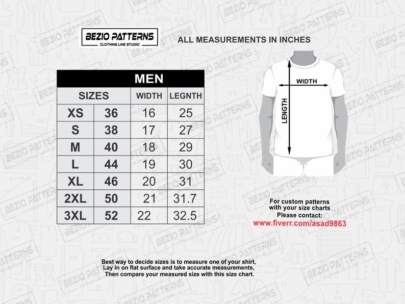 May include: A size chart for men's shirts with measurements in inches. The chart shows the size, width, and length of the shirt in inches. The chart is on a white background with a gray pattern.