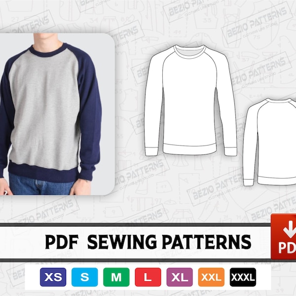 Sweat-shirt Homme manches raglan Couture Patron PDf, PDF Couture Modèle numérique Sweat-shirt manches raglan, Tailles XS à 3XL, Téléchargement instantané