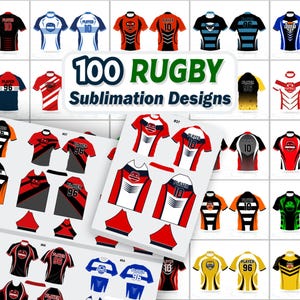 以下が含まれることがあります： 100種類のラグビー昇華デザインのコレクション。赤、黒、青、オレンジなど、さまざまな色のさまざまなジャージのデザインが特徴です。ジャージには選手の番号とチームのロゴが付いています。「100 Rugby Sublimation Designs」というテキストが表示されています。