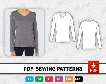 Long Sleeve V Neck Women Sewing Pattern, PDF Sewing Pattern, Women Digital pattern long sleeve shirt v neck , Sizes S-3XL, Instant Download