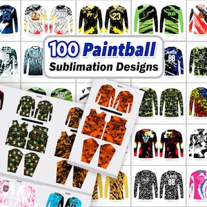 Può includere: Una collezione di 100 design per sublimazione paintball, con maglie a maniche lunghe e canotte in vari colori e fantasie. I design includono numeri e nomi di giocatori. Il testo "100 Paintball Sublimation Designs" è visibile.