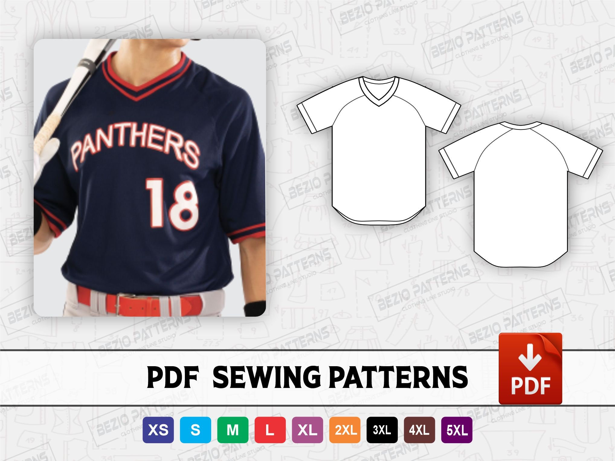 Baseball Jersey V Neck Men Sewing pattern,PDF sewing Digital pattern Men Baseball Jersey,Sizes XS-5XL,Instant Download