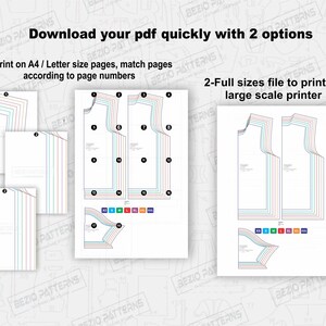 May include: Download your PDF quickly with two options: print on A4/Letter size pages or full size for a large scale printer. The image shows a sewing pattern for a sleeveless top with different size options.