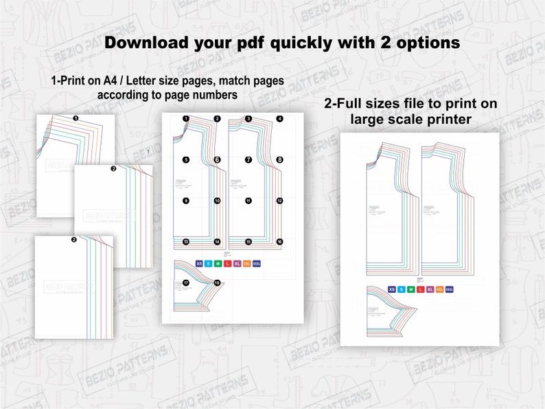 May include: Download your PDF quickly with two options: print on A4/Letter size pages or full size for a large scale printer. The image shows a sewing pattern for a sleeveless top with different size options.