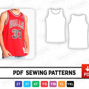 Patrón de costura en PDF para camiseta de baloncesto juvenil de cuello redondo, patrón de costura digital en PDF, tallas 2T a YXL, descarga instantánea.