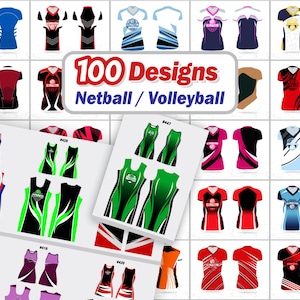 May include: A collection of 100 designs for netball and volleyball uniforms. The designs feature various color schemes and patterns, including jerseys and dresses. The image showcases a variety of sports apparel options.