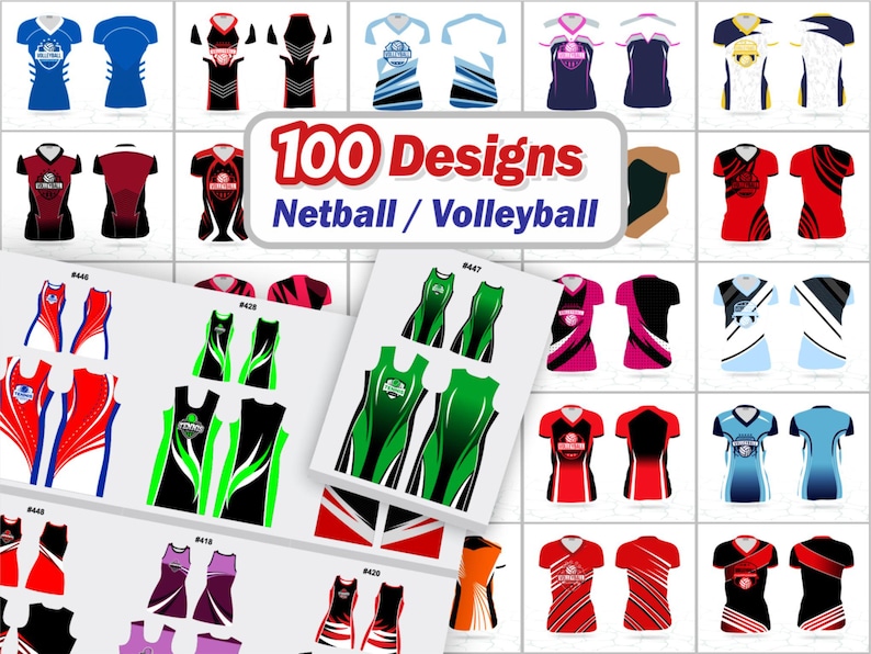 May include: A collection of 100 designs for netball and volleyball uniforms. The designs feature various color schemes and patterns, including jerseys and dresses. The image showcases a variety of sports apparel options.