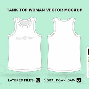 Puede incluir: Una maqueta de camiseta sin mangas blanca con el texto "Quick2Print" en la parte delantera. La maqueta está en capas y disponible para descarga digital en formatos AI, CDR, EPS y PDF.