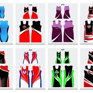 May include: A collection of athletic jerseys and tank tops in various designs. The tops feature a range of colors, including blue, red, black, green, and purple, with white accents and graphic elements. Each design includes a logo.