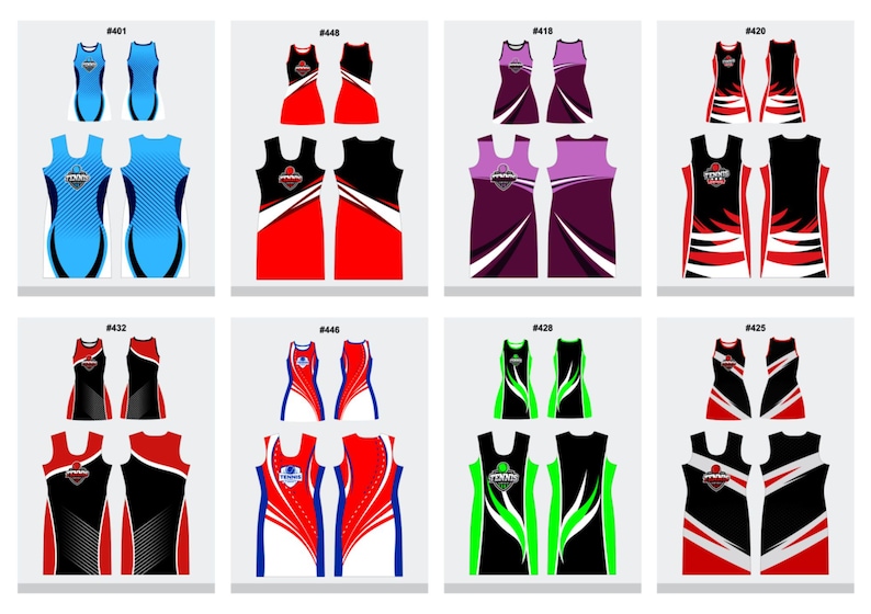 May include: A collection of athletic jerseys and tank tops in various designs. The tops feature a range of colors, including blue, red, black, green, and purple, with white accents and graphic elements. Each design includes a logo.