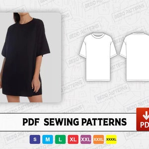 May include: Black oversized t-shirt dress with short sleeves. The image also shows a line drawing of a t-shirt, front and back, and the words "PDF SEWING PATTERNS". Various sizes are indicated by color-coded labels.