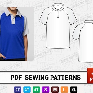 Polo Youth Kids Sewing pattern / templates,Digital PDf sewing pattern, Polo collar sew pattern ,Sizes 2T-3T-4T-S-M-L-XL,Instant Download