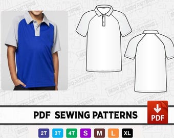 Polo Youth Kids Sewing pattern / templates,Digital PDf sewing pattern, Polo collar sew pattern ,Sizes 2T-3T-4T-S-M-L-XL,Instant Download
