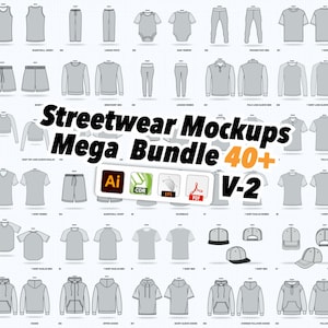 May include: A collection of 40+ streetwear mockups in vector format. The mockups include t-shirts, hoodies, sweatshirts, pants, shorts, hats, and more. The mockups are available in AI, CDR, EPS, and PDF formats. Streetwear Mockups Mega Bundle 40+ V-2