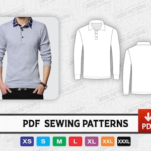 Polo shirt men long sleeve Pattern / templates,PDF Sewing Pattern,men polo long sleeve shirt pattern,Sizes XS to 3XL,Instant Download
