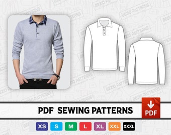 Polo shirt men long sleeve Pattern / templates,PDF Sewing Pattern,men polo long sleeve shirt pattern,Sizes XS to 3XL,Instant Download