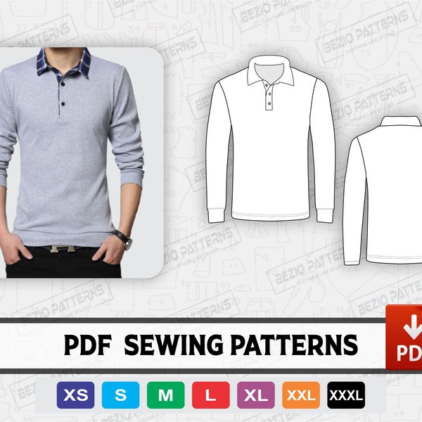 Polo shirt men long sleeve Pattern / templates,PDF Sewing Pattern,men polo long sleeve shirt pattern,Sizes XS to 3XL,Instant Download