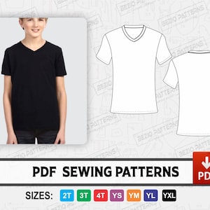Puede incluir: Patrones de costura PDF para una camiseta de cuello en V en tallas 2T, 3T, 4T, YS, YM, YL y YXL.