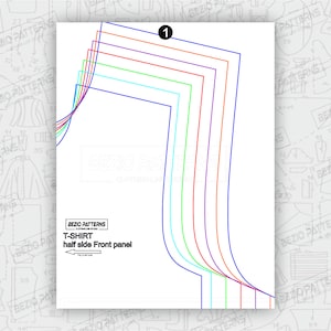 May include: A sewing pattern for a t-shirt, showing the half side front panel. The pattern includes multiple size lines in different colors, including blue, green, orange, red, and purple.