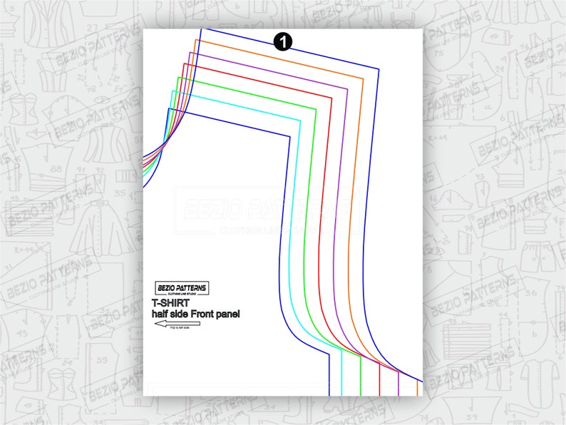 May include: A sewing pattern for a t-shirt, showing the half side front panel. The pattern includes multiple size lines in different colors, including blue, green, orange, red, and purple.