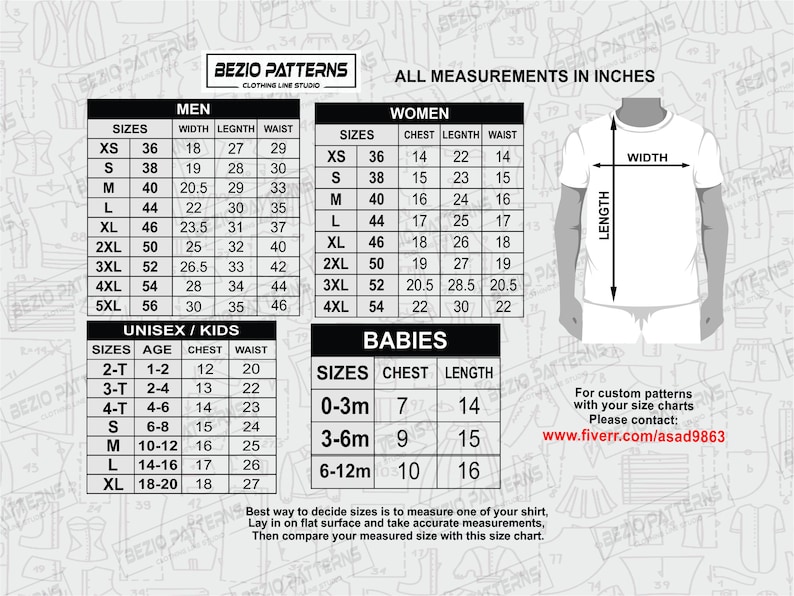 May include: A size chart for clothing with measurements in inches. The chart includes sizes for men, women, unisex, and babies. The chart also includes a diagram of a t-shirt with labels for width and length.