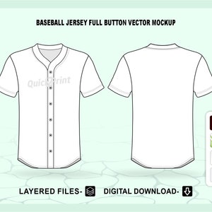 Puede incluir: Una maqueta de camiseta de béisbol blanca con una plaqueta de botones completa. La camiseta tiene mangas cortas y un dobladillo redondeado. La parte delantera de la camiseta tiene el texto "QuickPrint" impreso en ella. La parte posterior de la camiseta está en blanco.