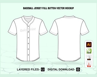 Baseball Jersey Full Button Mockup Template, layered Illustrator Vector Mockup for Techpack cad, Ai, Cdr, Pdf, Eps, files Instant Download