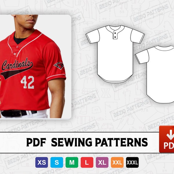 Baseball jersey two button Men Sewing PDf Pattern,PDF Sewing Digital pattern Baseball jersey 2 button  ,Sizes XS to 3XL,Instant Download