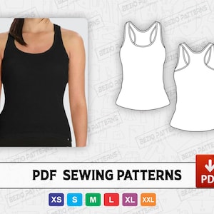 Puede incluir: Un patrón de costura PDF para un top sin mangas. El patrón está disponible en las tallas XS, S, M, L, XL y XXL. La imagen muestra un top negro que lleva una persona.
