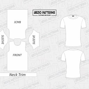 May include: A black and white line drawing of a t-shirt pattern with the words "BEZIO PATTERNS" and "CLOTHING LINE STUDIO" at the top. The pattern includes the front, back, and sleeves of the shirt. The pattern also includes a neck trim.