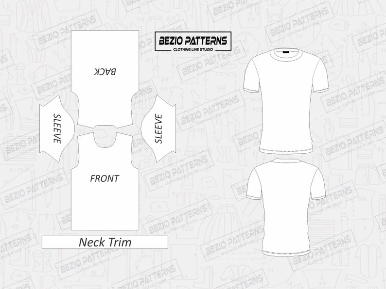 May include: A black and white line drawing of a t-shirt pattern with the words "BEZIO PATTERNS" and "CLOTHING LINE STUDIO" at the top. The pattern includes the front, back, and sleeves of the shirt. The pattern also includes a neck trim.