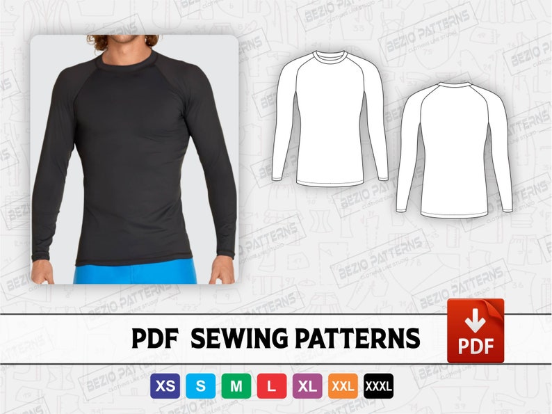 May include: A PDF sewing pattern for a long-sleeved shirt with a crew neck. The pattern is available in sizes XS to XXXL. The image shows a black shirt with a blue waistband.
