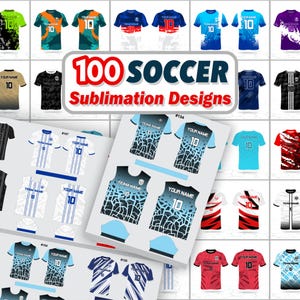 May include: A selection of soccer jersey designs in a range of colours, such as green, orange, blue, and purple. The jerseys display the number 10 and space for a name. The image also includes a sheet with sublimation designs and the text "100 Soccer Sublimation Designs."