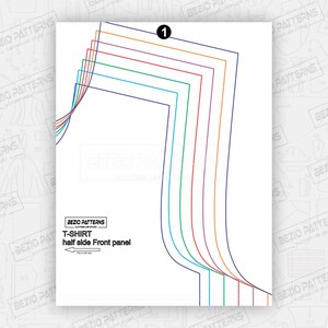 May include: A sewing pattern for a t-shirt, showing the half side front panel. The pattern includes multiple size lines in different colors, including blue, green, red, orange, and yellow.