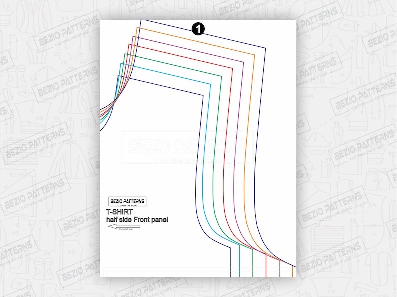 May include: A sewing pattern for a t-shirt, showing the half side front panel. The pattern includes multiple size lines in different colors, including blue, green, red, orange, and yellow.