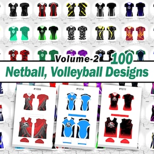 May include: A collection of 100 netball and volleyball uniform designs displayed in a grid format, featuring various color combinations, patterns, and styles for jerseys and dresses, with the text Volume-2 100 Netball, Volleyball Designs.